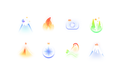 Frosted Glass Travel Icon Set | Nature Mountains Forest atmosphere bird compass fire forest frosted glass icon design icon set iconography icons illustration magic mature mountains nature tent traveling ui vector volcano