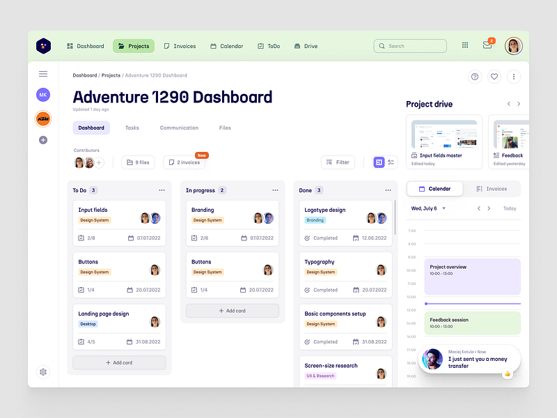 Designer's board - Project page app calendar collaoration dashboard design drive files freelancer manager netguru panel product design projects task todo ui ux