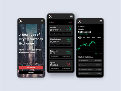 XChange Cryptocurrency Exchange - Dark bitcoin cash coinbase crypto crypto wallet cryptocurrency dark dark mode dark ui dogecoin mobile ui modern money stocks ui ux