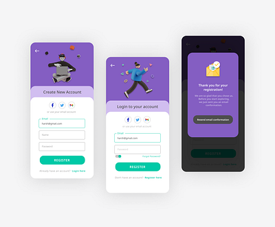 Register and Login Page app ui color design illustration ui ui design uidesign uiux userinterface vector