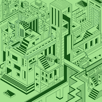 Guess Who’s Back? escher green illustraion isometric lines linework procreate stairs