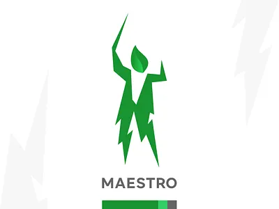 Maestro, renewable energy logo: conductor, lightning bolts, leaf alternative battery bolt conductor eco electricity energy green leaf lightning bolts logo logo design maestro natural nature power renewable solar sun wind