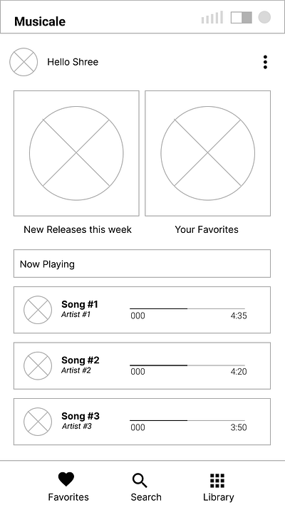 Low Fidelity Wireframe for Mobile App - Musicale design ui ux wireframe