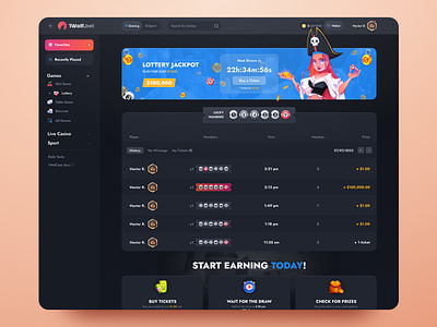 1Wolf.bet: Lottery page bet bets betting casino crash dice gambling game jackpot lottery lotto player product design roulette slots spin ticket uiux web design winner