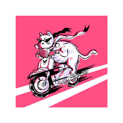 Cat Rempit (Biker Cat) animal bike bike ride blue cat creatures cute design flat grain halftone illustration kapchai motorcycle pink sunglasses texture