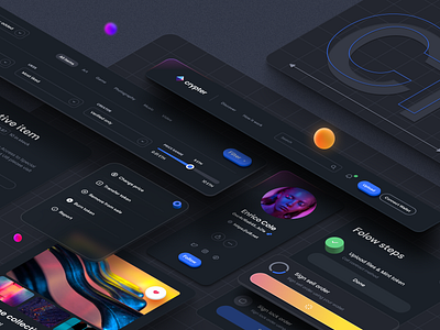 Crypter Component – Dark Theme 3d app dark mode dark theme glass effect gradient illustration interface isometric isometric design isometric illustration isometry mobile typography ui ui design user interface ux ux design website