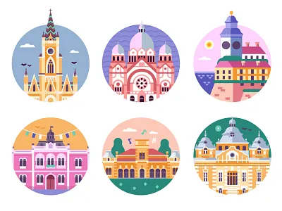 Novi Sad Landmarks Travel Icons architectural architecture cathedral church flat design hungurian illustration landmarks monuments novi sad petrovaradin serbia serbian tourist travel travel icons