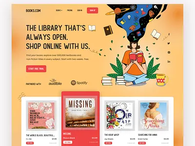 Online Book Library Landing Page audible best website design book landing page book library landing page brand identity creative illustration landing page meditation minimal spotify landing page typography ui design ui ux designer web design website design