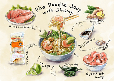 Recipe Pho Noodle Soup cooking food garlic ginger illustration jalapeno lime meat noodles procreate shrimp souce soup