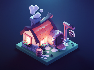 Tavern at Night 3d blender diorama game art illustration isometric low poly lowpoly lowpolyart medieval render settlers tavern