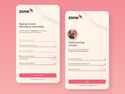 Zone - Signup & Login app app design clean daily 100 challenge daily ui daily ui 001 design interaction log in login login form minimal mobile design mobile user interface sign up signin signup ui user interface