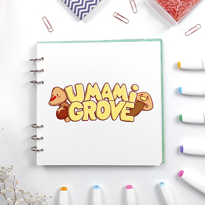 Umami Grove Game Logo Design art cartoon cute design flat fonts game logo illustration lettering logo mushroom typography umami video game videogames vr
