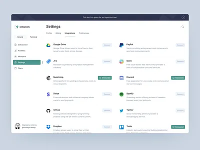 Webpixels Design System: Integration Screen clean dashboard design system desktop application good colors good ux integration integration dashboard integrations jablonka menu dashboard minimal navigation real design trend 2021 ui ux webdesign