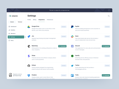 Webpixels Design System: Integration Screen clean dashboard design system desktop application good colors good ux integration integration dashboard integrations jablonka menu dashboard minimal navigation real design trend 2021 ui ux webdesign