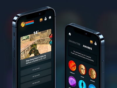 Dion Mobile - RPG Quiz On Your Favourite Games app design application award card game game design interface ios mobile product quiz ui