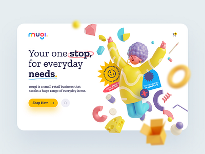 Mugi - Web Header 3D Illustration 3d 3d modeling cart character clean colorful convenience design exploration grocery header illustraion illustrator playful render shop store ui ux web