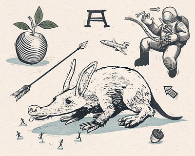 "A" Words aardvark acorn alphabet apple astronaut illustration linoleum woodcut
