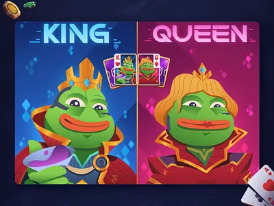 Wager: Promo Art 2 (PEPE Event) 2d art card design cards casino character character design clean flat gambling graphic design hero illustration king meme pepe poker poker game queen vector