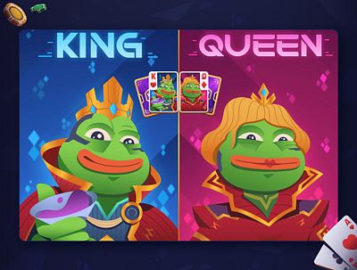 Wager: Promo Art 2 (PEPE Event) 2d art card design cards casino character character design clean flat gambling graphic design hero illustration king meme pepe poker poker game queen vector