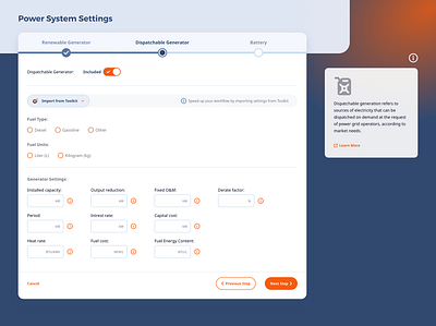 Multi-step form UI - Power System Settings battery branding design form forms generator hints icon import interaction minimal multi step navigation power progress settings steps toolkit ui ux