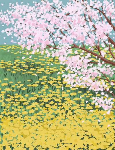 Spring garden adobe photoshop art blooming dandelions digital art digital illustration drawing field flowers garden illustration spring springtime tree