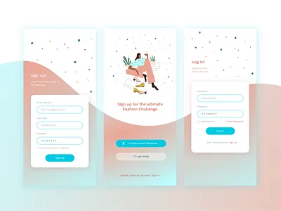 Sign Up, Welcome & LogIn iOS app screens for Fashion App! app design beautiful clean cyan dailyui fashion fashion app fashion challenge fashion design fashion illustration green illustration ios app rust ui uidesign