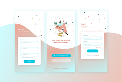 Sign Up, Welcome & LogIn iOS app screens for Fashion App! app design beautiful clean cyan dailyui fashion fashion app fashion challenge fashion design fashion illustration green illustration ios app rust ui uidesign