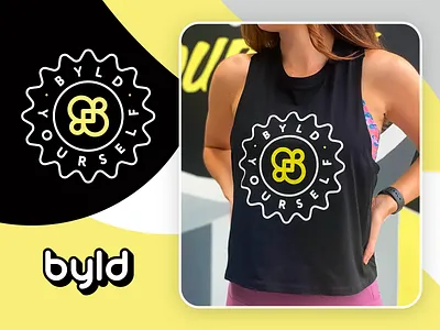 BYLD Fitness + Studio Merch Design #1 athlete badge bike branding cycling fitness gear gym indoor logo design merch retro shirt spin studio vibrant