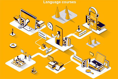 Language Courses 3D Isometric Web Banner 3d 3d animation 3d art 3d character 3d illustration agency app business concept conceptual flat illustration landing landing page page process technology vector web website