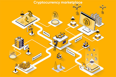 Cryptocurrency Marketplace 3D Isometric Web Banner 3d animation 3d art 3d character 3d illustration agency app business concept conceptual development flat illustration landing landing page page process technology vector web website