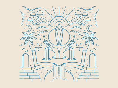 Psychedelic Land badge design bird clean design line design monoline moon mushroom mystical ornate design psychedelic rain shrooms stairs stipple sun traditional traditional tattoo waterfall