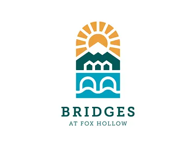 Bridges at Fox Hollow Logo Concept bridge community flat fox geometric house line logo mountain neighborhood sun