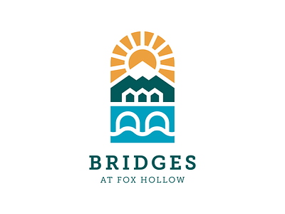 Bridges at Fox Hollow Logo Concept bridge community flat fox geometric house line logo mountain neighborhood sun