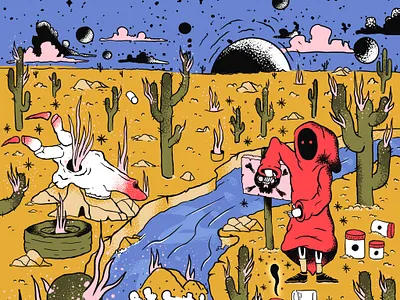 Soul collector cactus dark death desert desert illustration design handmade illustration landscape magic planets procreate psychedelic skull sky texture universe