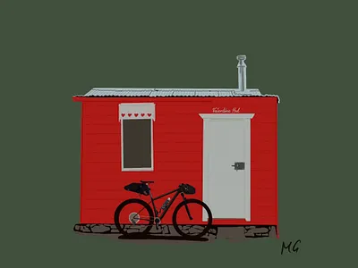 Bikepacking bike in front of Valentine Hut bicycle bike bikepacking cabin hut illustration