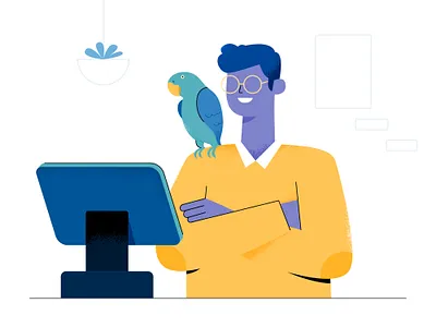 etailpet bird character counter etailpet flat illustration man parrot people pet pos shop store uran vector