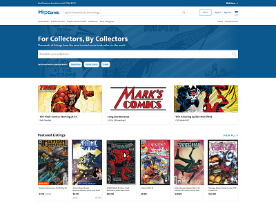 HipComic Desktop Homepage collector comics ecommerce marketplace responsive startup superhero ui