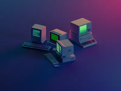 The retro computers 3d 80s blender blendercycles computers hacker illustration isometric low poly myanmar neon retro tech