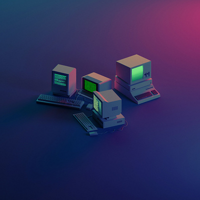 The retro computers 3d 80s blender blendercycles computers hacker illustration isometric low poly myanmar neon retro tech