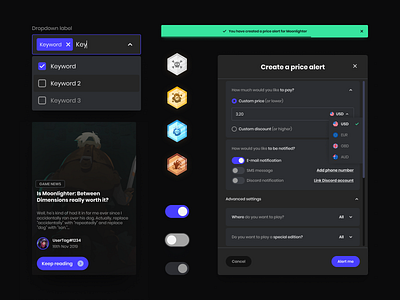 GameGator.net - Components badge comparison components dark darkmode design system design systems dropdown gaming gaming ui modal price alert store store website toggle toggle button toggle switch