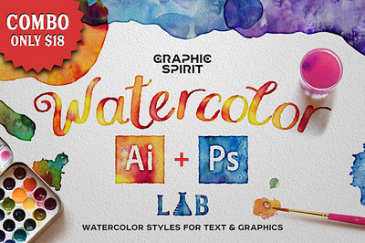 Combo: WATERCOLOR Lab Ai+Ps ai aquarelle brush combo effect hand made illustrator lab lettering mockup paint photoshop ps realistic retro styles text textures vintage watercolor