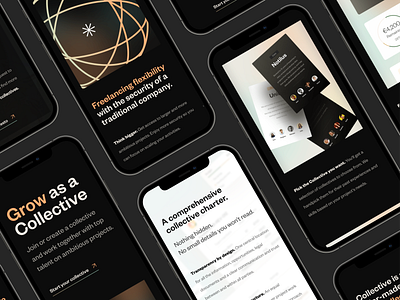 Collective • mobile screens and illustrations branding dark theme dark ui freelance freelancing glassmorphism gradients header homepage illustration landing page mobile mobile ui mockups startup typography ui components ui elements visual identity website