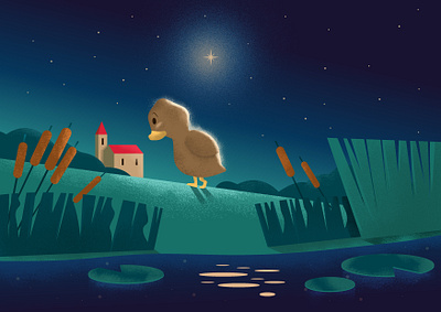 Ugly Duckling andersen art artwork character duckling illustration illustration art loner lovely melancholy night plants pond reflection shadows starry night tale village water wishing star