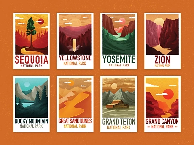 National Park Poster Series design drawing environment grand canyon grand teton great sand dunes illustration landscape mountains national park poster procreate rocky mountain sequoia series texture yellowstone yosemite zion