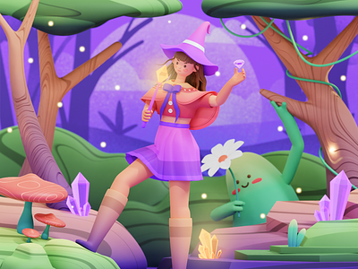 Witch in Magical Forest 3D Illustration 3d 3d character artwork blender cinema4d design forest header hero illustration illustration procreate purple witch