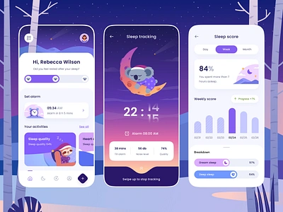 Sleep Monitoring App Design app application chart clock day design gradient habit illustration koala mobile month moon mount night orely sleep star time week