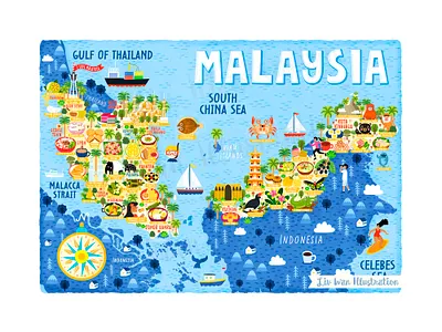 Dribbble LivWan MalaysiaMap design editorial illustration food food illustration food map illustration malaysia malaysian map map art map illustration travel vector