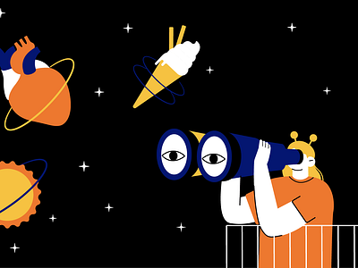 Girl looking through binoculars in space adobeillustrator alien animatedvideo binocular branding contactlense design explainervideo flatgraphics flatillustration graphic design illustration motion graphics planets sky space stars ui vector vectorillustration