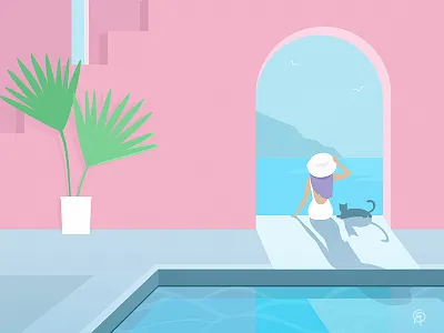 Summer sea vibes cat flat illustration girl mountain sea summer swimming vacation