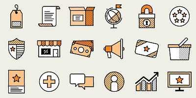 Icons – Full Color design globe icon halftone pattern icon design icon set iconography icons megaphone megaphone icon messages icon money icon price tag price tag icon shield shield icon shipping box shipping box icon shop icon store icon